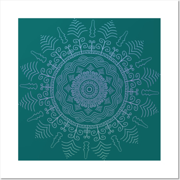 Floral Mandala in Green, Purple and Blue Tones on Teal Wall Art by karenmcfarland13